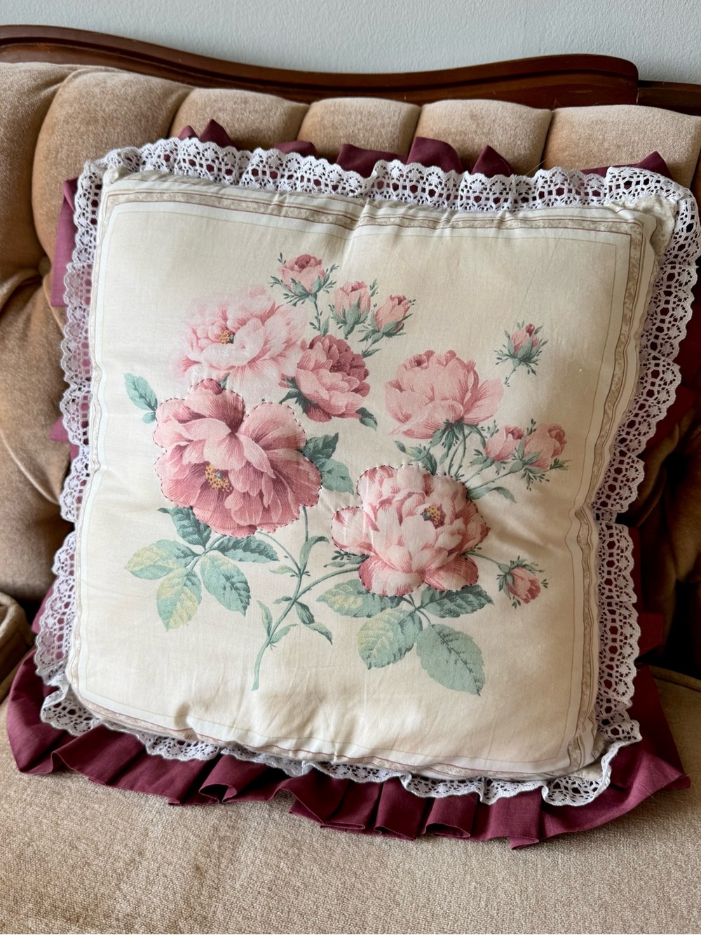 Vintage Rose Floral Dimensional Appliqué Ruffle Accent Pillow 14.5 x 15